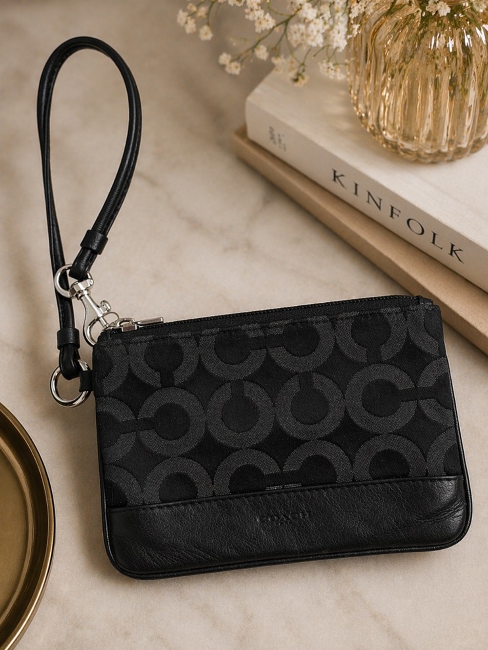 COACH Signature C Mini Wristlet Black Monogram Zip Wallet Pouch Canvas Clutch